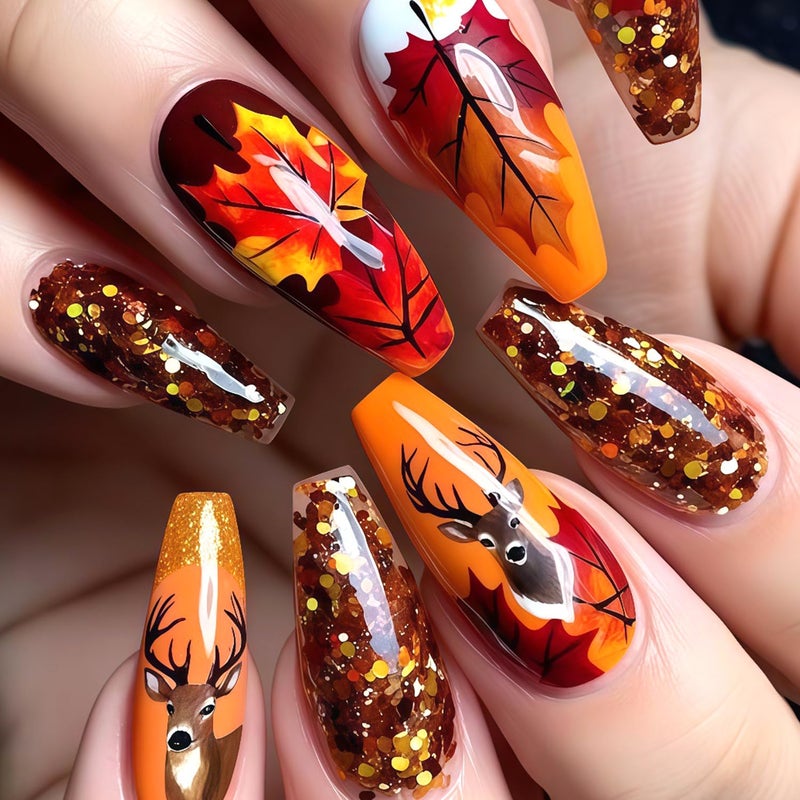 CJDLTS Maple Leaf Thanksgiving Press on Nails Medium Ballet Shaped Artificial Acrylic Nails Cartoon Elk Glitter Sequin Design Stick on Nails Full Cover Glue on Nail Festival Artificial Fingernails for Women - Image 1